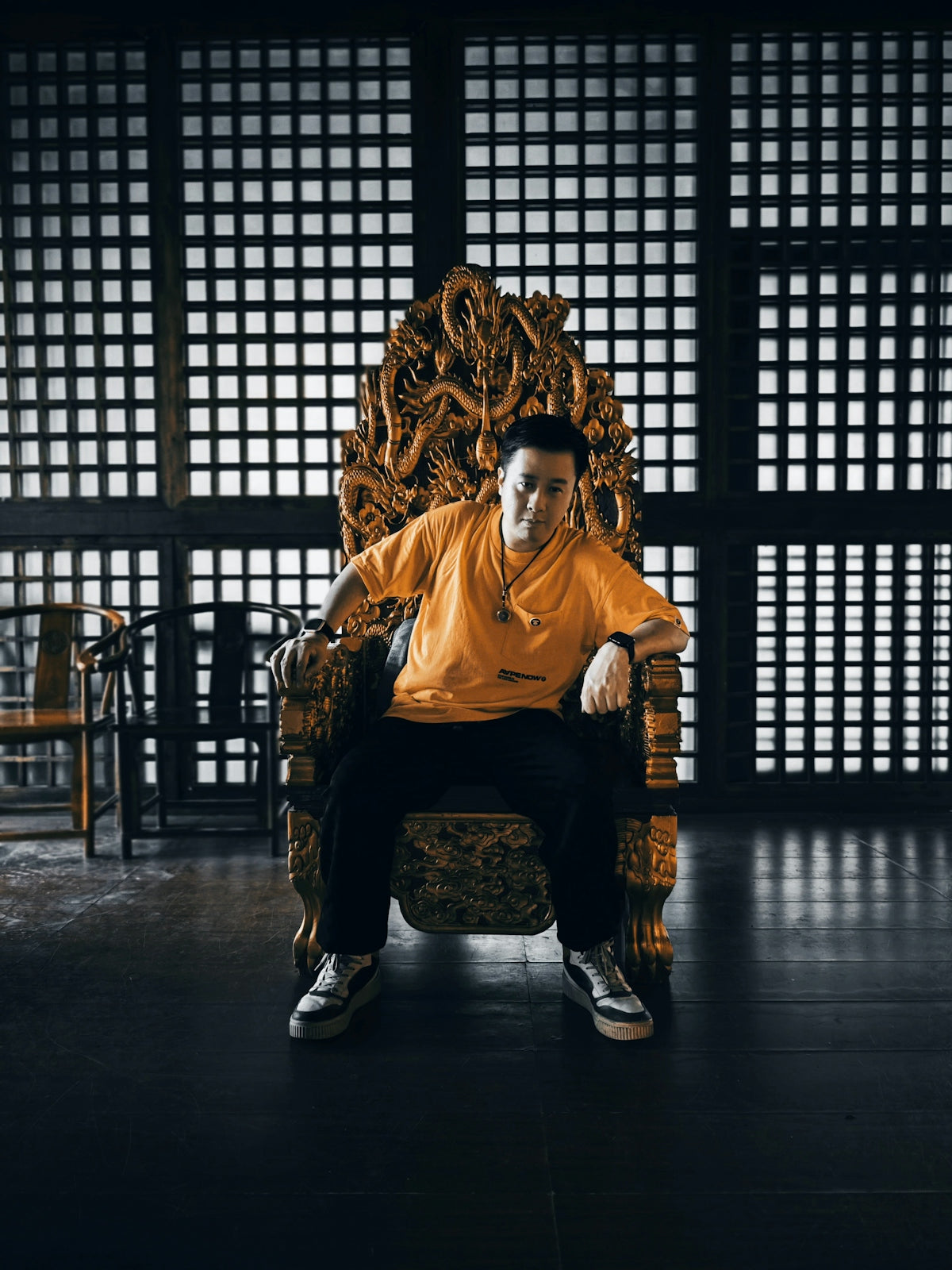 A man sits on an ornate, golden throne