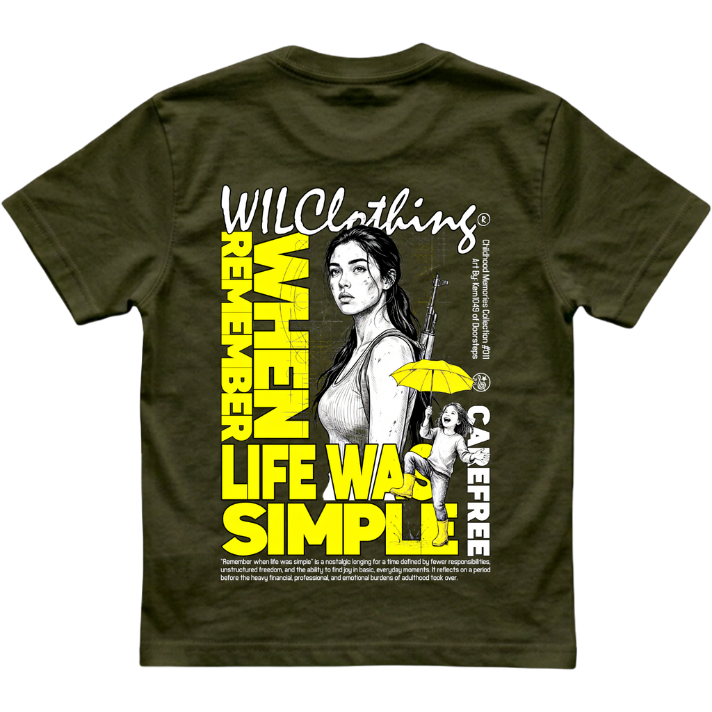 Unisex classic-fit cotton T-shirt in dark olive with yellow and white graphic print, featuring umbrella figures from Childhood Memories Collection
