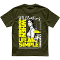 Unisex classic-fit cotton T-shirt in dark olive with yellow and white graphic print, featuring umbrella figures from Childhood Memories Collection
