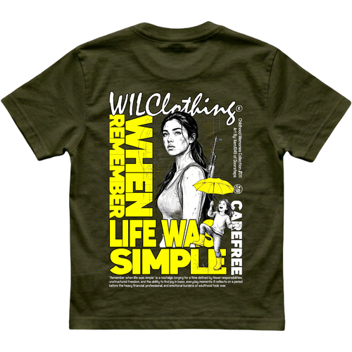 Unisex classic-fit cotton T-shirt in dark olive with yellow and white graphic print, featuring umbrella figures from Childhood Memories Collection