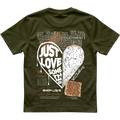 Unisex classic-fit T-shirt in dark olive cotton, with bold white “Just Love Something” lettering and heart-shaped artwork from the Heart To Heart Collection.