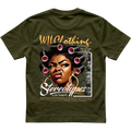 Classic fit unisex T-shirt in dark olive cotton, featuring colorful portrait artwork, gold lettering, and a Self-Empowerment Collection design.
