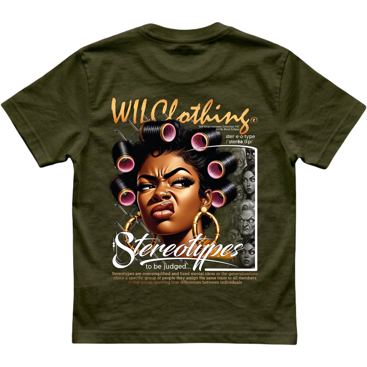 Classic fit unisex T-shirt in dark olive cotton, featuring colorful portrait artwork, gold lettering, and a Self-Empowerment Collection design.