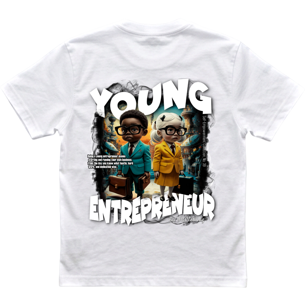 Young Entrepreneur white cotton T-shirt with bold illustrated graphic of two suited children and large lettering on the back.