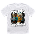 Young Entrepreneur white cotton T-shirt with bold illustrated graphic of two suited children and large lettering on the back.