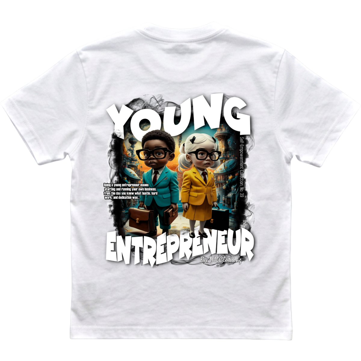Young Entrepreneur white cotton T-shirt with bold illustrated graphic of two suited children and large lettering on the back.